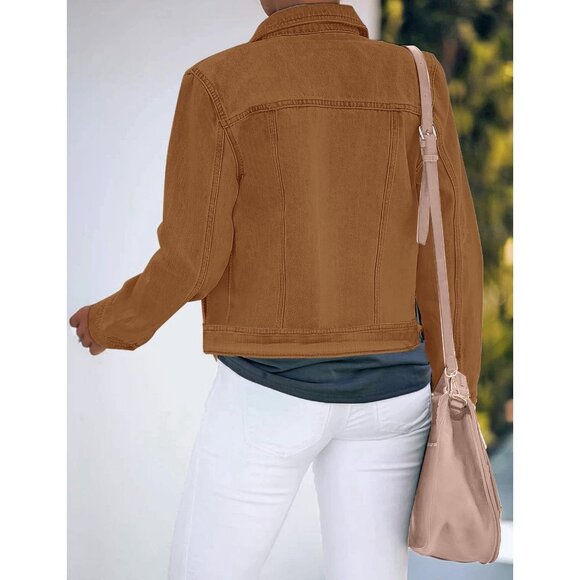 Women's Basic Button Down Stretch Fitted Long Sleeves Denim Jean Jacket Brown - Picture 3 of 8
